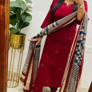 red cotton printed dupatta set