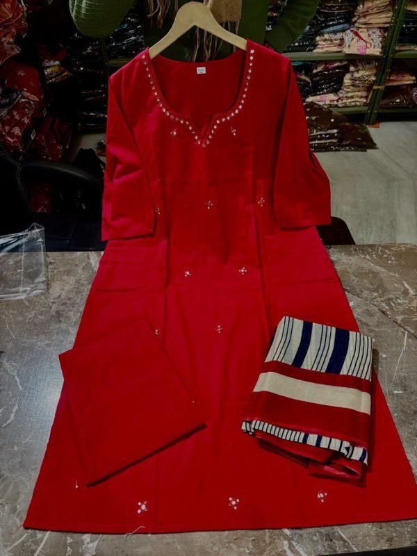 red cotton printed dupatta set