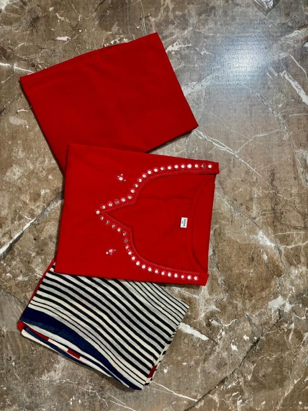 red cotton printed dupatta set