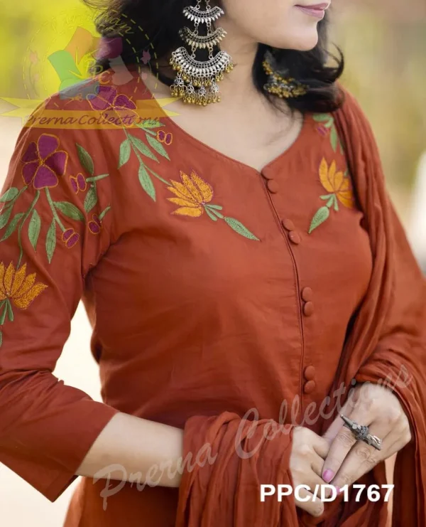 rust embroidered straight dupatta set