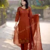 rust embroidered straight dupatta set