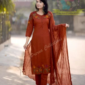 rust embroidered straight dupatta set