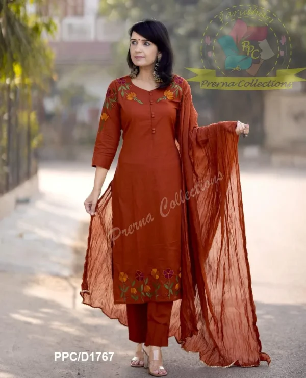 rust embroidered straight dupatta set