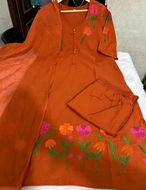 rust embroidered straight dupatta set