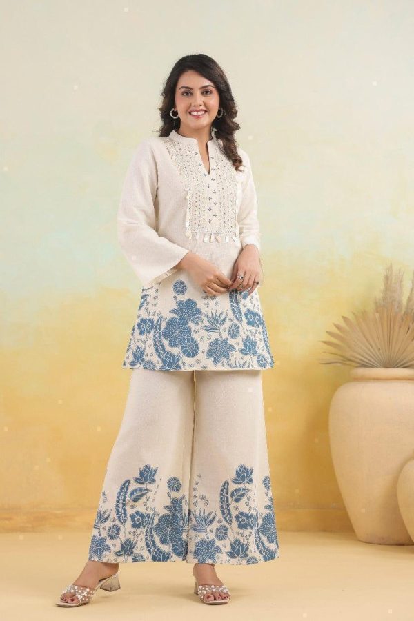 vory & blue printed kurti set with tassel detail