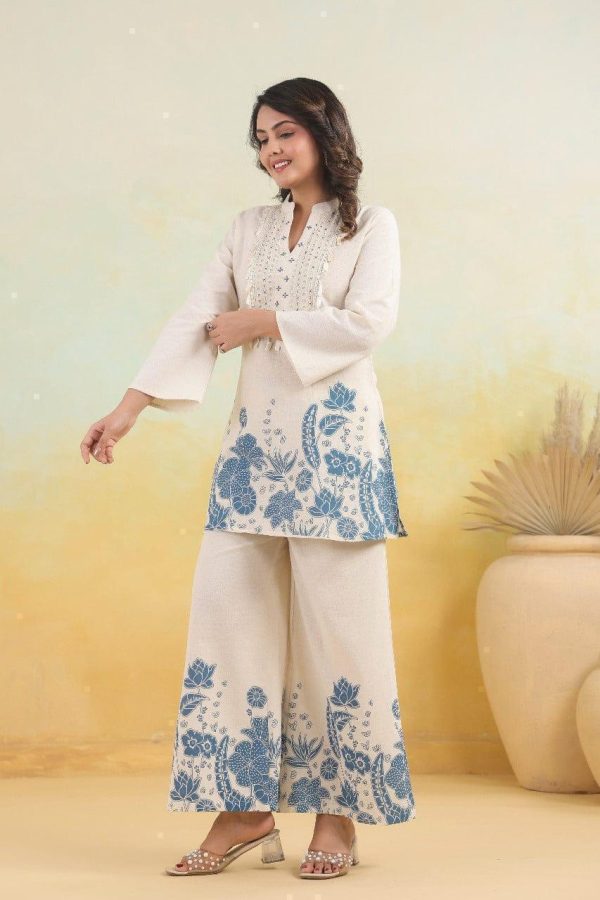 vory & blue printed kurti set with tassel detail