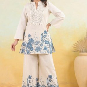 vory & blue printed kurti set with tassel detail