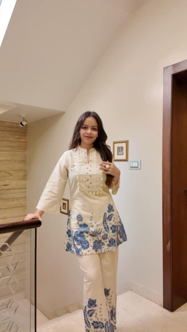 vory & blue printed kurti set with tassel detail