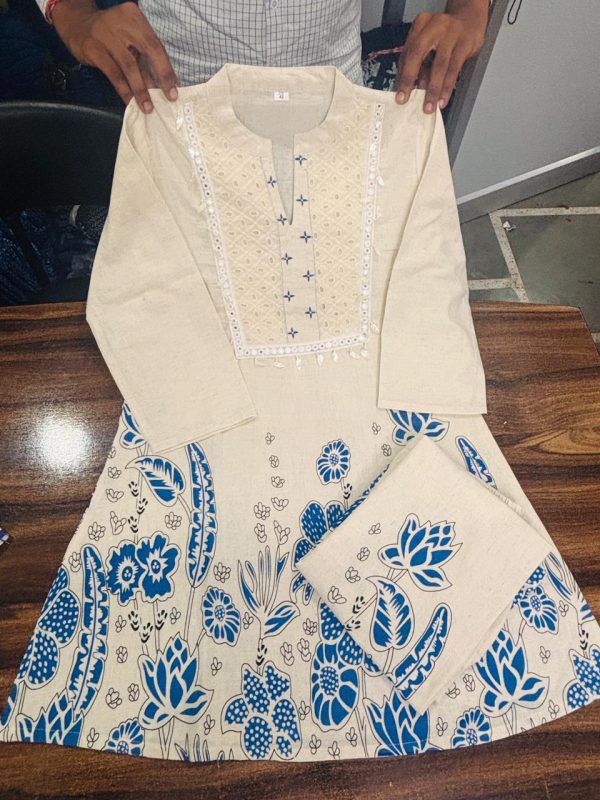 vory & blue printed kurti set with tassel detail