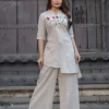 beige straight fit kurti & palazzo ensemble