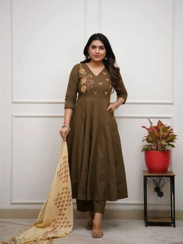 beautiful olive anarkali dupatta set