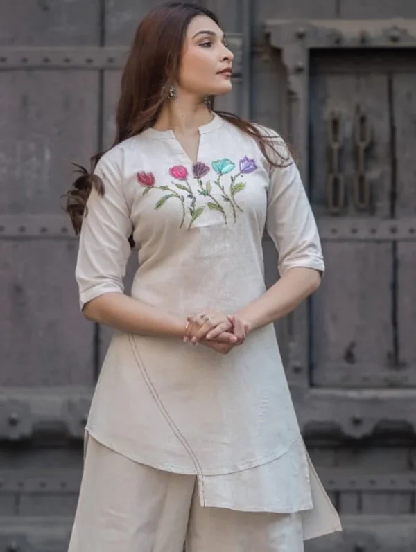 beige straight fit kurti & palazzo ensemble