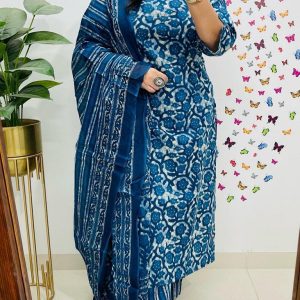 blue floral dupatta set
