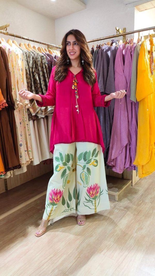 vibrant rani colour short kurti & botanical palazzo co ord set