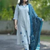 blue cotton khadi silk floral print dupatta set