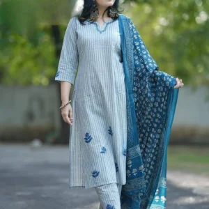 blue cotton khadi silk floral print dupatta set