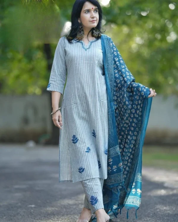blue cotton khadi silk floral print dupatta set blue cotton khadi silk floral print dupatta set
