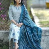 blue cotton khadi silk floral print dupatta set