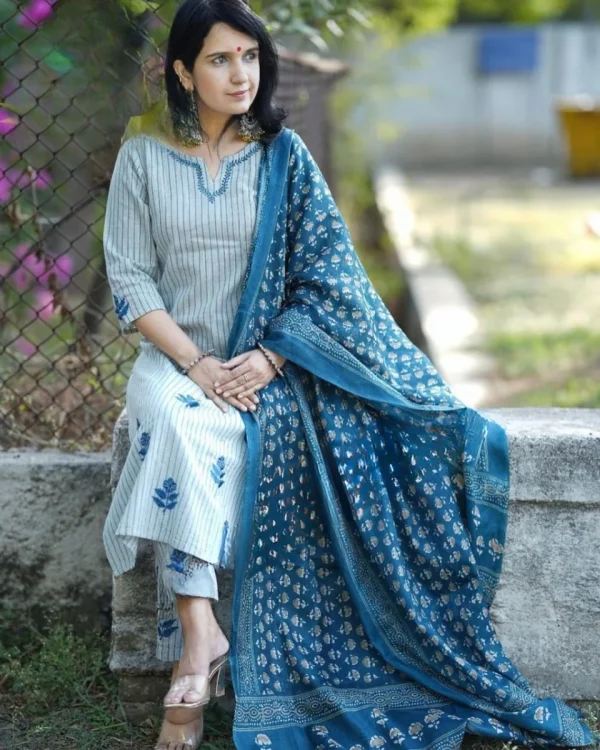 blue cotton khadi silk floral print dupatta set blue cotton khadi silk floral print dupatta set