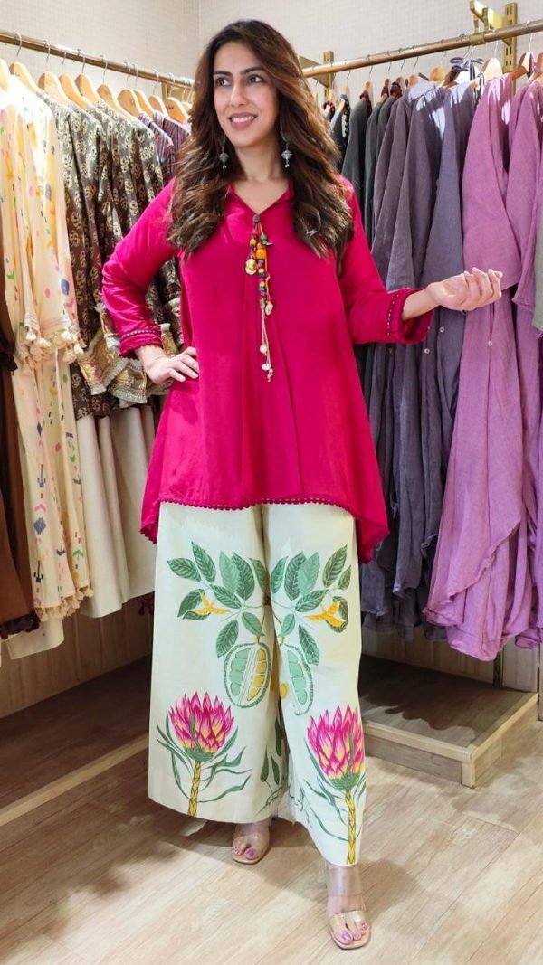 vibrant rani colour short kurti & botanical palazzo co ord set