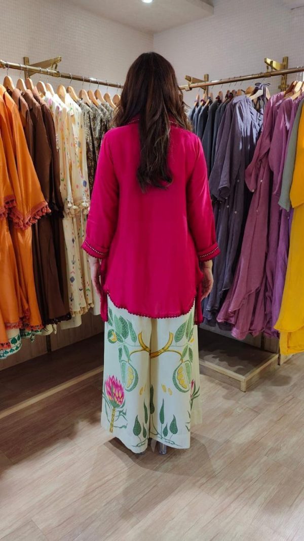 vibrant rani colour short kurti & botanical palazzo co ord set
