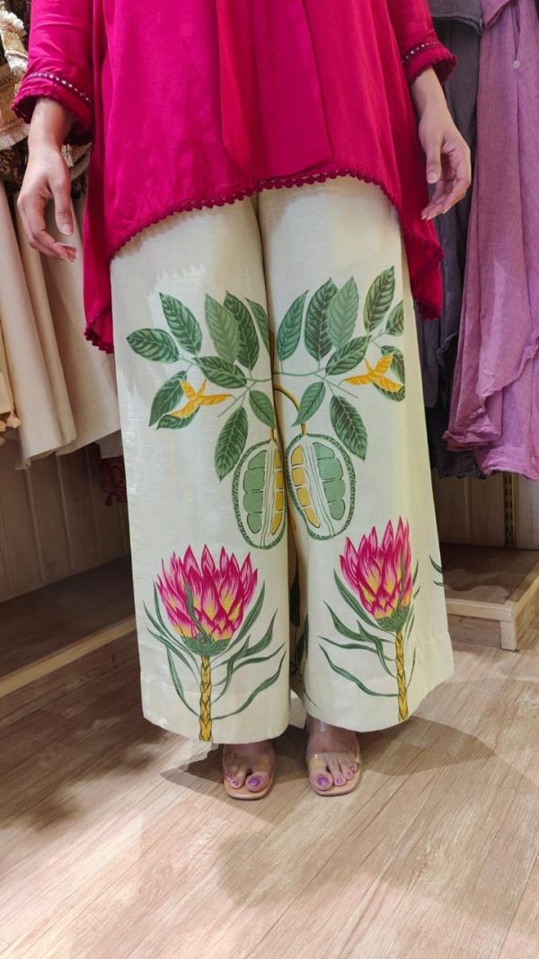 vibrant rani colour short kurti & botanical palazzo co ord set