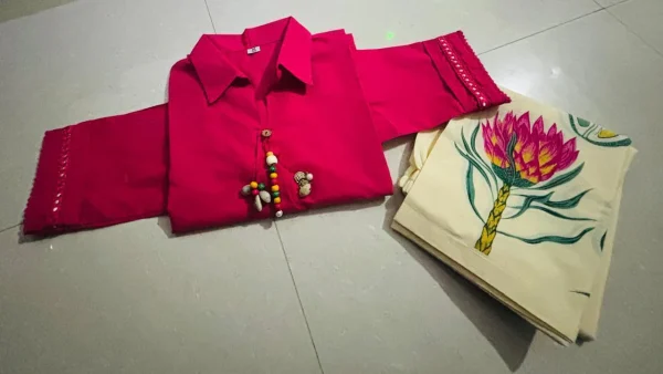vibrant rani colour short kurti & botanical palazzo co ord set