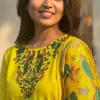 women cotton slub yellow and madhubani print dupatta set