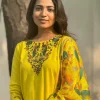 women cotton slub yellow and madhubani print dupatta set
