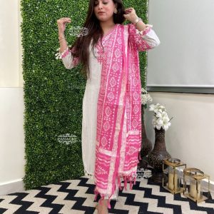 women katha cotton pink dupatta set