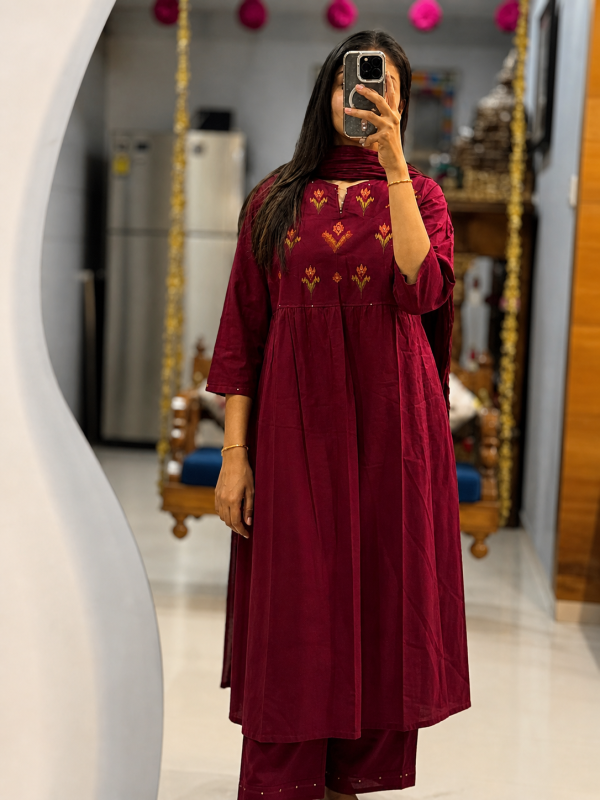 elegant wine embroidered suit set