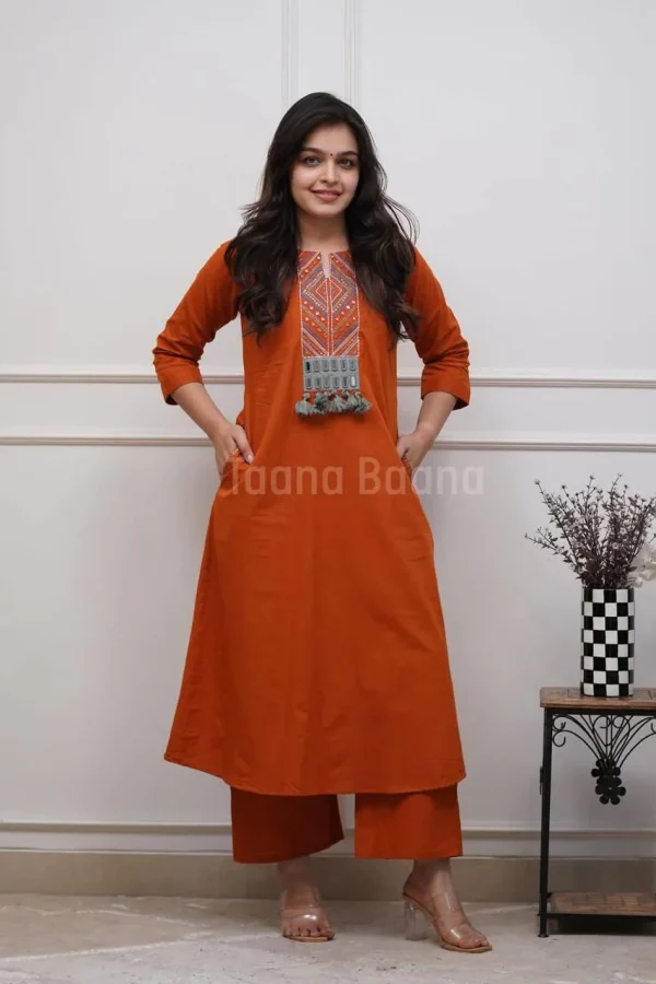 zariya rust embroidered kurta set