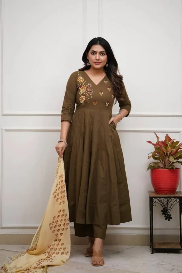beautiful olive anarkali dupatta set